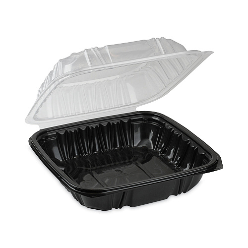 Pactiv EarthChoice Vented Dual Color Microwavable Hinged Lid Container, 1-Compartment, 28oz, 7.5x7.5x3, Black/Clear, Plastic, 150/CT (DC757100B000)