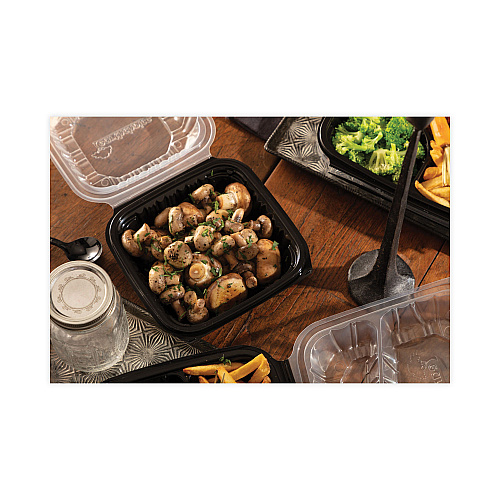 Pactiv EarthChoice Vented Dual Color Microwavable Hinged Lid Container, 1-Compartment, 28oz, 7.5x7.5x3, Black/Clear, Plastic, 150/CT (DC757100B000)