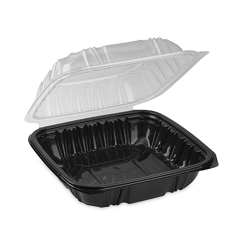 Pactiv EarthChoice Vented Dual Color Microwavable Hinged Lid Container, 1-Compartment, 38oz, 8.5x8.5x3, Black/Clear, Plastic, 150/CT (DC858100B000)