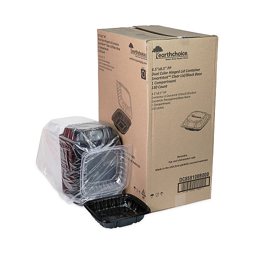 Pactiv EarthChoice Vented Dual Color Microwavable Hinged Lid Container, 1-Compartment, 38oz, 8.5x8.5x3, Black/Clear, Plastic, 150/CT (DC858100B000)