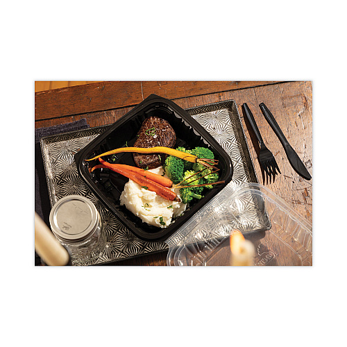 Pactiv EarthChoice Vented Dual Color Microwavable Hinged Lid Container, 1-Compartment, 38oz, 8.5x8.5x3, Black/Clear, Plastic, 150/CT (DC858100B000)