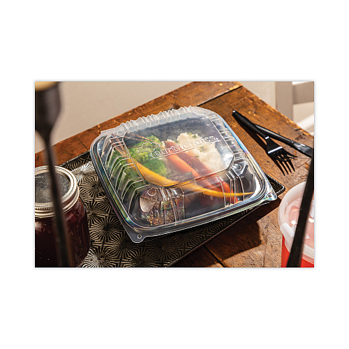 Pactiv EarthChoice Vented Dual Color Microwavable Hinged Lid Container, 1-Compartment, 38oz, 8.5x8.5x3, Black/Clear, Plastic, 150/CT (DC858100B000)