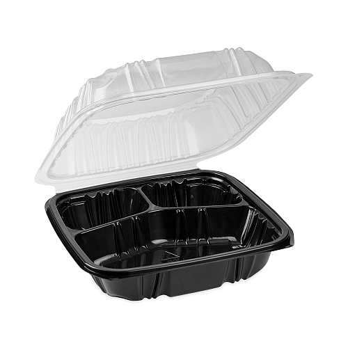 Pactiv EarthChoice Vented Dual Color Microwavable Hinged Lid Container, 3-Compartment, 21oz, 8.5x8.5x3, Black/Clear, Plastic, 150/CT (DC858310B000)