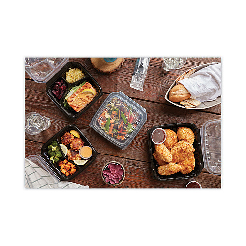 Pactiv EarthChoice Vented Dual Color Microwavable Hinged Lid Container, 3-Compartment, 21oz, 8.5x8.5x3, Black/Clear, Plastic, 150/CT (DC858310B000)