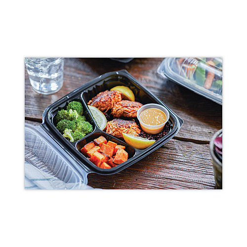 Pactiv EarthChoice Vented Dual Color Microwavable Hinged Lid Container, 3-Compartment, 21oz, 8.5x8.5x3, Black/Clear, Plastic, 150/CT (DC858310B000)