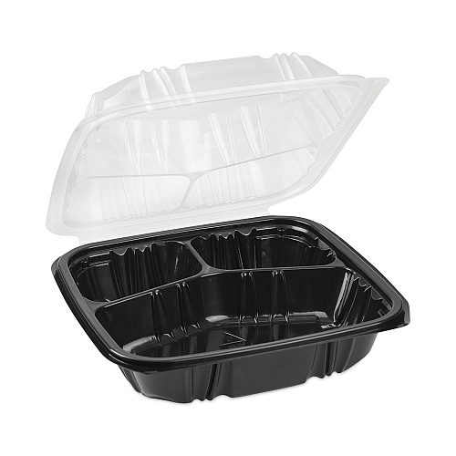 Pactiv EarthChoice Vented Dual Color Microwavable Hinged Lid Container, 33oz, 8.5x8.5x3, 3-Compartment, Black/Clear, Plastic, 150/CT (DC858330B000)