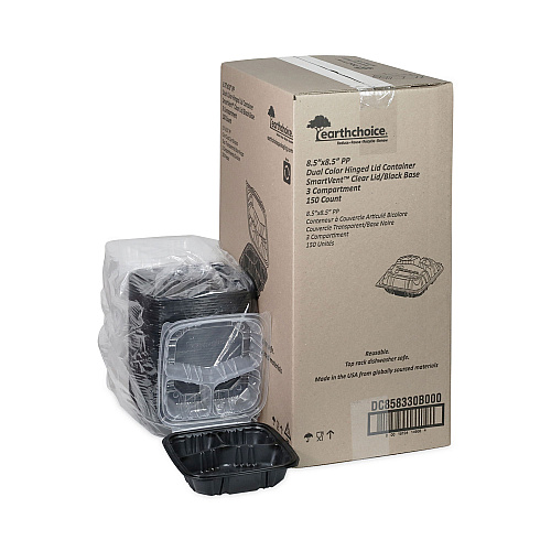 Pactiv EarthChoice Vented Dual Color Microwavable Hinged Lid Container, 33oz, 8.5x8.5x3, 3-Compartment, Black/Clear, Plastic, 150/CT (DC858330B000)