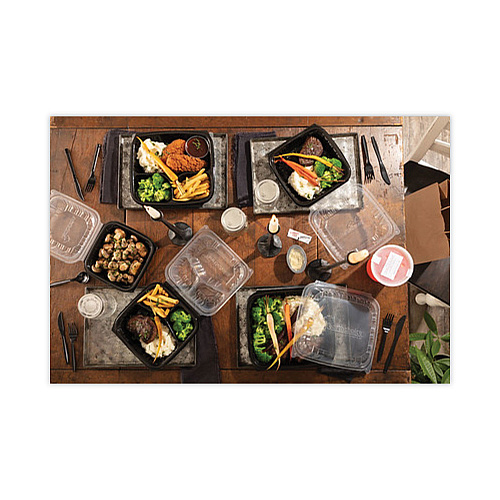 Pactiv EarthChoice Vented Dual Color Microwavable Hinged Lid Container, 33oz, 8.5x8.5x3, 3-Compartment, Black/Clear, Plastic, 150/CT (DC858330B000)