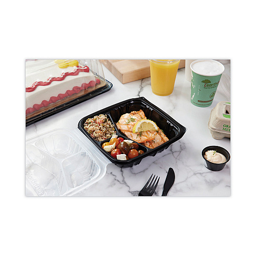 Pactiv EarthChoice Vented Dual Color Microwavable Hinged Lid Container, 33oz, 8.5x8.5x3, 3-Compartment, Black/Clear, Plastic, 150/CT (DC858330B000)