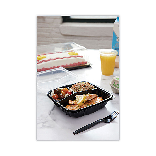 Pactiv EarthChoice Vented Dual Color Microwavable Hinged Lid Container, 33oz, 8.5x8.5x3, 3-Compartment, Black/Clear, Plastic, 150/CT (DC858330B000)