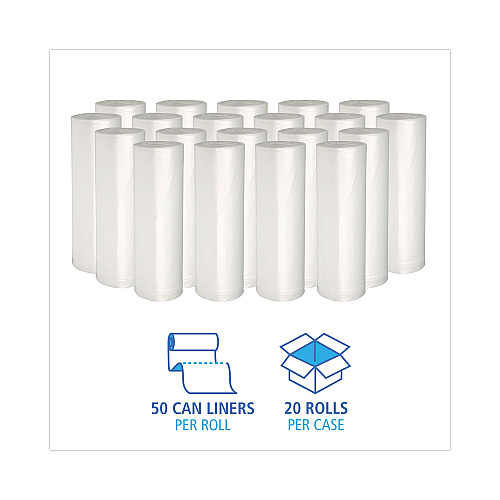 Boardwalk High-Density Can Liners, 10 gal, 6 mic, 24" x 23", Natural, Perforated Roll, 50 Bags/Roll, 20 Rolls/Carton (BWK242306)