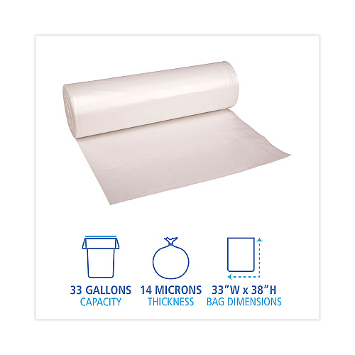 Boardwalk High-Density Can Liners, 33 gal, 14 mic, 33" x 38", Natural, Perforated Roll, 25 Bags/Roll, 10 Rolls/Carton (BWK334016)