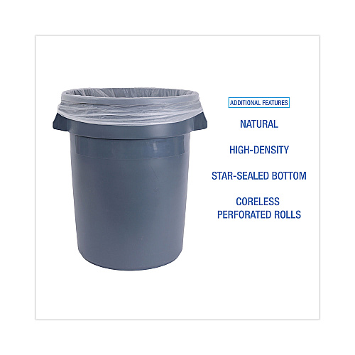 Boardwalk High-Density Can Liners, 33 gal, 14 mic, 33" x 38", Natural, Perforated Roll, 25 Bags/Roll, 10 Rolls/Carton (BWK334016)