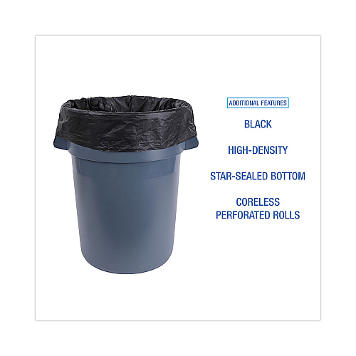 Boardwalk High-Density Can Liners, 60 gal, 14 mic, 38" x 58", Black, Perforated Roll, 25 Bags/Roll, 8 Rolls/Carton (385814K)