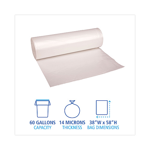 Boardwalk High-Density Can Liners, 60 gal, 14 mic, 38" x 58", Natural, Perforated Roll, 25 Bags/Roll, 8 Rolls/Carton (BWK386016)