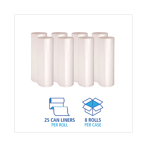 Boardwalk High-Density Can Liners, 60 gal, 14 mic, 38" x 58", Natural, Perforated Roll, 25 Bags/Roll, 8 Rolls/Carton (BWK386016)