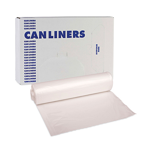 Boardwalk High-Density Can Liners, 45 gal, 13 mic, 40" x 46", Natural, Perforated Roll, 25 Bags/Roll, 10 Rolls/Carton (BWK404616)