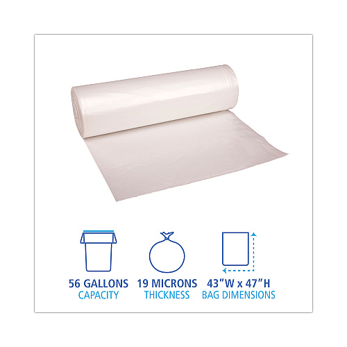 Boardwalk High-Density Can Liners, 56 gal, 19 mic, 43" x 47", Natural, Perforated Roll, 25 Bags/Roll, 6 Rolls/Carton (BWK434722)