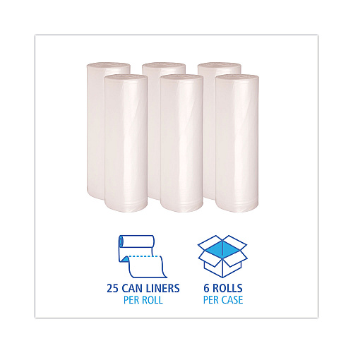 Boardwalk High-Density Can Liners, 56 gal, 19 mic, 43" x 47", Natural, Perforated Roll, 25 Bags/Roll, 6 Rolls/Carton (BWK434722)