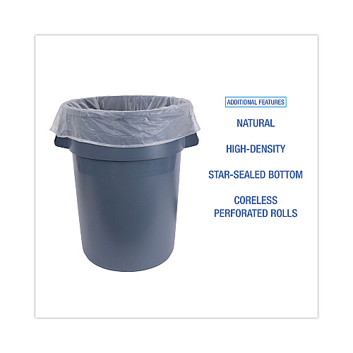 Boardwalk High-Density Can Liners, 56 gal, 19 mic, 43" x 47", Natural, Perforated Roll, 25 Bags/Roll, 6 Rolls/Carton (BWK434722)