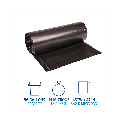 Boardwalk High-Density Can Liners, 56 gal, 19 mic, 43" x 47", Black, Perforated Roll, 25 Bags/Roll, 6 Rolls/Carton (BWK434722BLK)