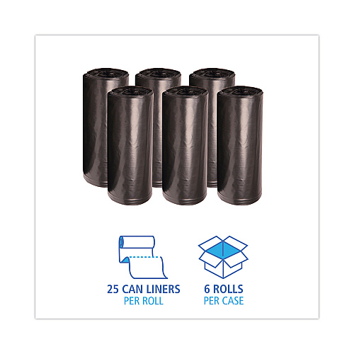 Boardwalk High-Density Can Liners, 56 gal, 19 mic, 43" x 47", Black, Perforated Roll, 25 Bags/Roll, 6 Rolls/Carton (BWK434722BLK)