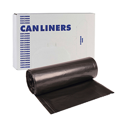 Boardwalk High-Density Can Liners, 56 gal, 19 mic, 43" x 47", Black, Perforated Roll, 25 Bags/Roll, 6 Rolls/Carton (BWK434722BLK)