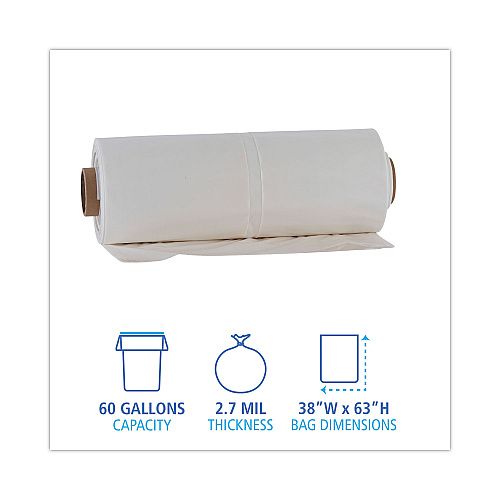 Boardwalk Industrial Drum Liners Rolls, 60 gal, 2.7 mil, 38" x 63", Clear, 50/Carton (BWKD38634CL)