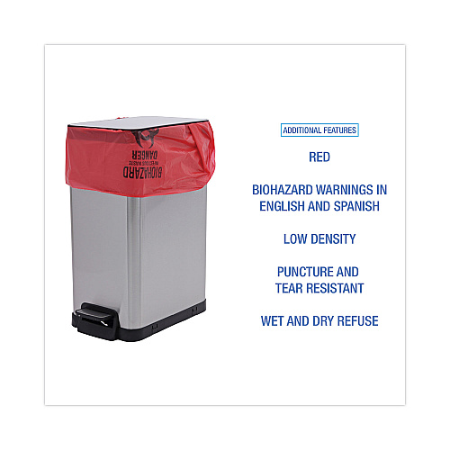 Boardwalk Linear Low Density Health Care Trash Can Liners, 16 gal, 1.3 mil, 24" x 32", Red, Flat Pack, 250/Carton (BWKIW2432R)