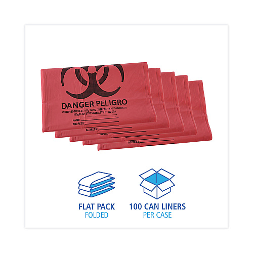 Boardwalk Linear Low Density Health Care Trash Can Liners, 45 gal, 1.3 mil, 40" x 46", Red, Flat Pack, 100/Carton (BWKIW4046R)
