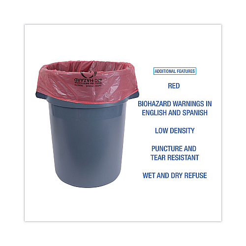 Boardwalk Linear Low Density Health Care Trash Can Liners, 45 gal, 1.3 mil, 40" x 46", Red, Flat Pack, 100/Carton (BWKIW4046R)