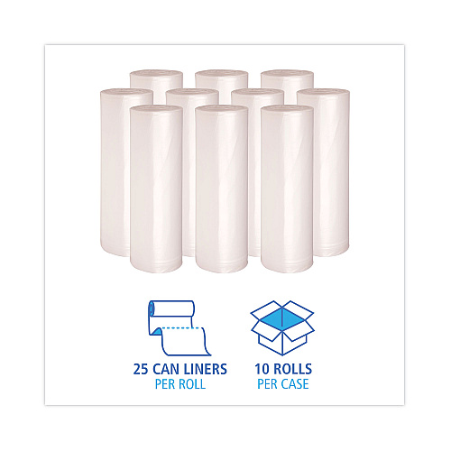 Boardwalk&reg; 45 Gal Can Liners, 13 mic, 10 Coreless Rolls of 25 Bags (BWKRH4048H)