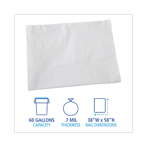 Boardwalk&reg; 60 Gallon White Can Liners, 0.7 mil, 38 x 58, 100 Liners (BWKVW3858X)