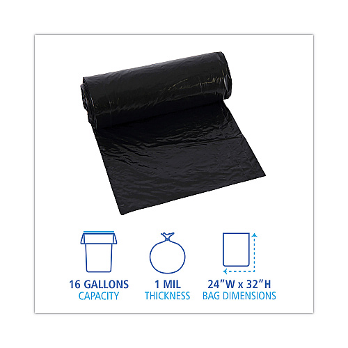 Boardwalk&reg; Waste Can Liners, 16 gal, Black, 15 Bags/Roll, 10 Rolls/CT (BWK510)