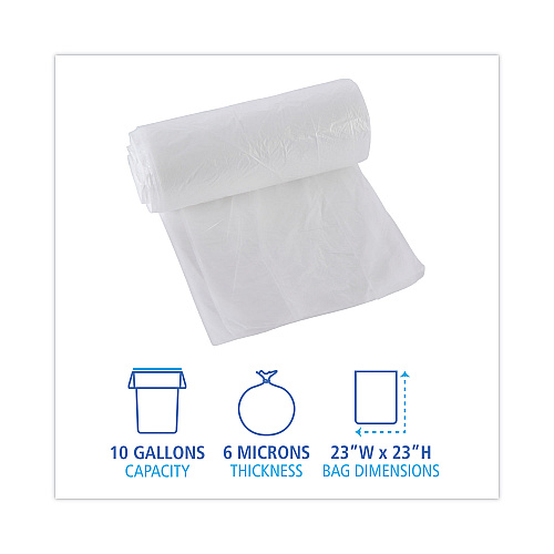 Boardwalk High-Density Can Liners, 10 gal, 6 mic, 24" x 23", Natural, Perforated Roll, 50 Bags/Roll, 20 Rolls/Carton (BWK242306)