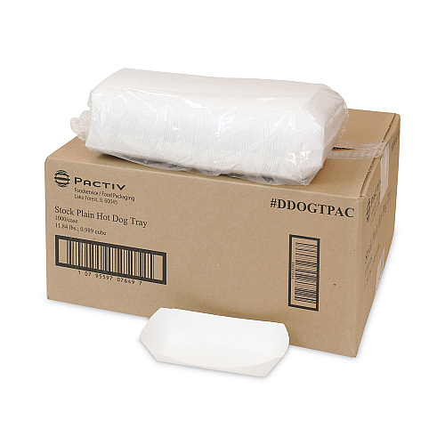 Pactiv Paperboard Boat Basket, Hot Dog Tray with Perforations, 7.04 x 1.75 x 1.43, White, Paper, 1,000/Carton (DDOGTPAC)