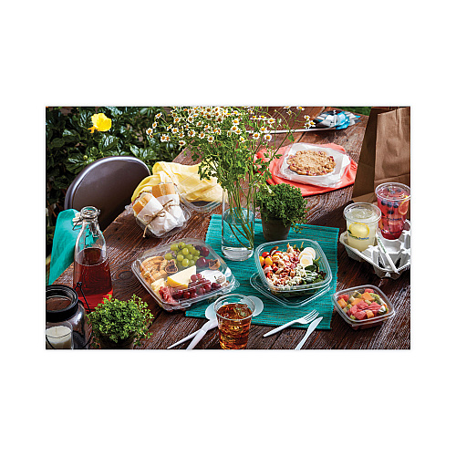 Pactiv EarthChoice Recycled PET Container Lid, For 24-32 oz Container Bases, 7.38 x 7.38 x 0.82, Clear, Plastic, 300/Carton (SACLD07)