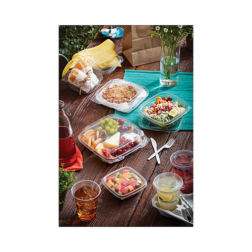 Pactiv EarthChoice Recycled PET Container Lid, For 24-32 oz Container Bases, 7.38 x 7.38 x 0.82, Clear, Plastic, 300/Carton (SACLD07)