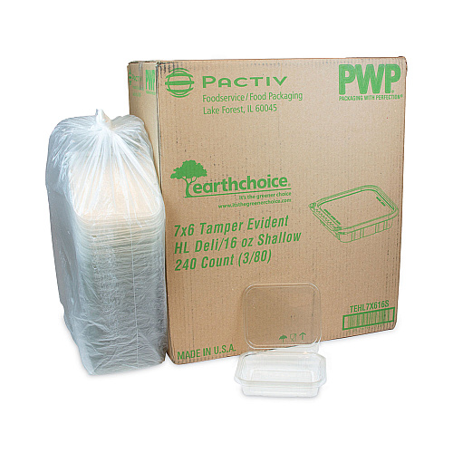 Pactiv EarthChoice Tamper Evident Recycled Hinged Lid Deli Container, 16 oz, 7.25 x 6.38 x 1, Clear, Plastic, 240/Carton (TEHL7X616S)