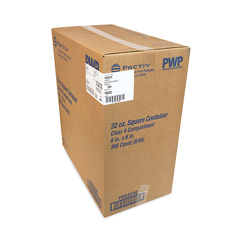 Pactiv EarthChoice Square Recycled Bowl,4-Compartment, 32 oz, 6.13 x 6.13 x 2.61, Clear, Plastic, 360/Carton (Y6S324C)