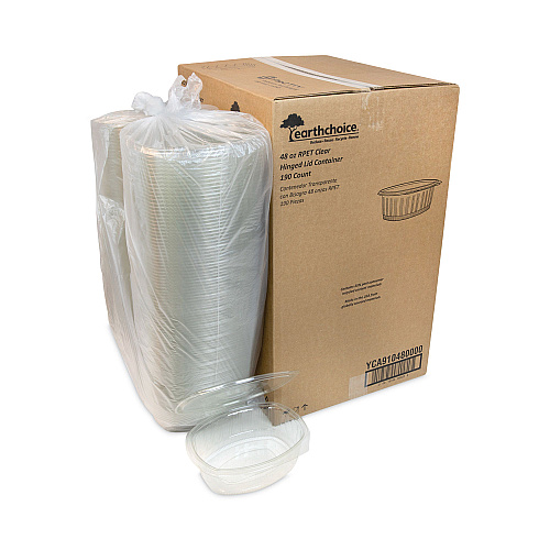 Pactiv EarthChoice Recycled PET Hinged Container, 48 oz, 8.88 x 7.25 x 2.94, Clear, Plastic, 190/Carton (YCA910480000)