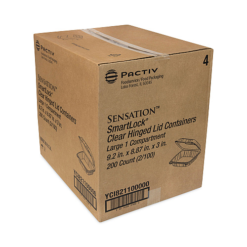 Pactiv SENSATION SmartLock Hinged Lid Container, 9.21 x 8.87 x 3.07, Clear, Plastic, 200/Carton (YCI821100000)