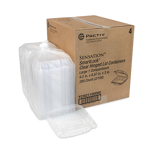 Pactiv SENSATION SmartLock Hinged Lid Container, 9.21 x 8.87 x 3.07, Clear, Plastic, 200/Carton (YCI821100000)