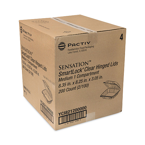 Pactiv SENSATION SmartLock Hinged Lid Container, 8.34 x 8.24 x 3.05, Clear, Plastic, 200/Carton (YCI821200000)