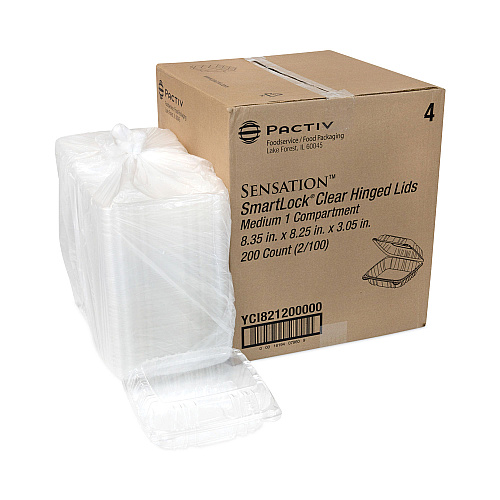 Pactiv SENSATION SmartLock Hinged Lid Container, 8.34 x 8.24 x 3.05, Clear, Plastic, 200/Carton (YCI821200000)