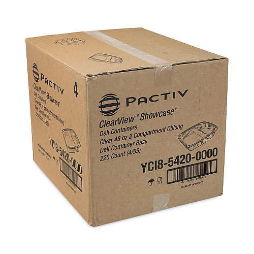 Pactiv Showcase Deli Container, Base Only, 2-Compartment, 10 oz; 23 oz, 9 x 7.4 x 1.5, Clear, Plastic, 220/Carton (YCI854200000)