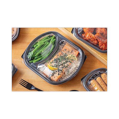 Pactiv ClearView MealMaster Lid with Fog Gard Coating, Large 2-Compartment Dome Lid, 9.38 x 8 x 1.25, Clear, Plastic, 252/Carton (YCN8467H00D0)