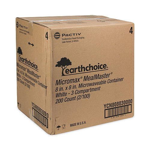 Pactiv EarthChoice SmartLock Microwavable MFPP Hinged Lid Container, 3-Compartment, 8.31 x 8.35 x 3.1, White, Plastic, 200/Carton (YCN808030000)