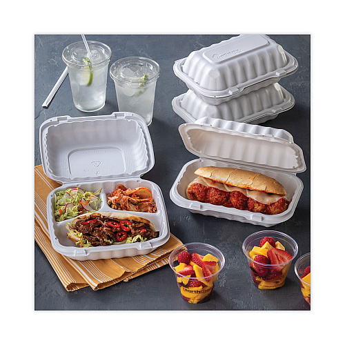 Pactiv EarthChoice SmartLock Microwavable MFPP Hinged Lid Container, 3-Compartment, 8.31 x 8.35 x 3.1, White, Plastic, 200/Carton (YCN808030000)