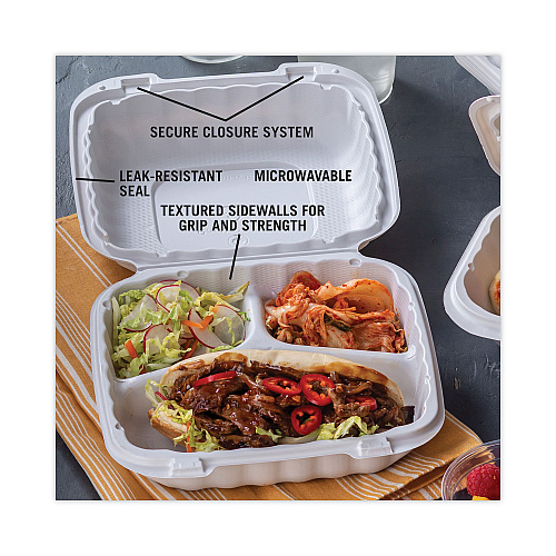 Pactiv EarthChoice SmartLock Microwavable MFPP Hinged Lid Container, 3-Compartment, 8.31 x 8.35 x 3.1, White, Plastic, 200/Carton (YCN808030000)